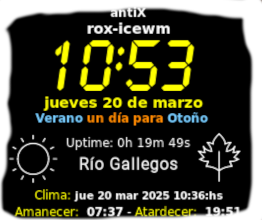 🍂 ¡Falta nada, che! 

Mañana arranca el otoño. 

🍁 Ya se viene el mate calentito, las hojas en la vereda y esas tardes frescas para disfrutar. 

¿Listos para el cambio de estación? 

#OtoñoArgento #otoño #riogallegos #argentina #antix #GitHub #conky #autumn 

https://github.com/DrCalambre/OpenWeatherMap-wather-conky-master