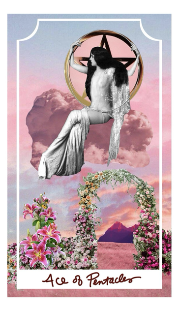 Ace of Pentacles. A beautiful being plays with a hoop while floating in the sky amongst pink clouds. Down below, a beautiful garden full of flowers grows. Would you like to enter through the garden’s arched gate? Noble Moon Tarot Deck & Grimoire 