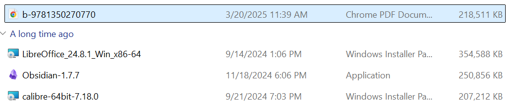 A screenshot showing a PDF of an open-access Bloomsbury book (identified as b-9781350270770, the ID) being 218,511 KB (218.5 MB), as compared to the LibreOffice installer (354,588 KB, 354.6 MB), Obsidian 1.7.7 (250,856 KB, 250.9 MB), and Calibre 64bit 7.18.0 (207,212 KB, 207.2 MB).