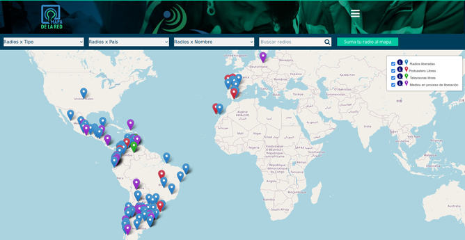 Mapa de la Red donde se ven los puntos que identifican emisoras que usan software libre