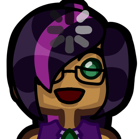 A cartoony rendering of a tawny-skinned woman with a vacant expression and an annular throbber on her forehead.  She has green eyes, glasses, black hair with a purple stripe going up her emo-styled bangs and down her ponytail, and a purple vest.