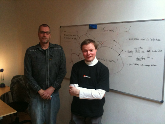 Image of Ton and Sergey in front of a whiteboard with a concept drawing of Blender’s Mask Splines. 