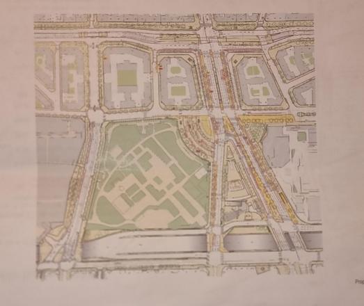 Un plan d'aménagement avec des voies de circulation, des voies de bus, des pistes cyclables et des espaces verts.