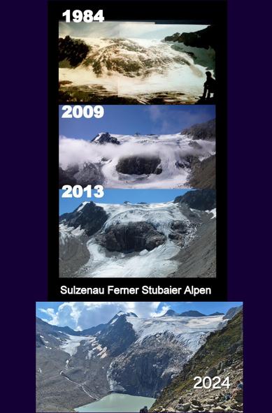 Vier Fotos als Collage. Ein Gletscher mit Bergkulisse in den Stubaier Alpen über vier Jahrzehnte fotografiert. Auf jedem Foto ist der Gletscher geschrumpft.