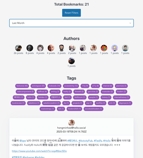 A webpage displaying a collection of posts organized by authors and tags. It shows a total of 21 bookmarks, with sections for different authors and various tags related to topics like "fediverse," "activitypub," and "mastodon." A linked video is also included at the bottom.