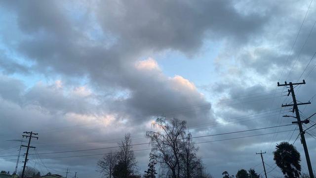 A photo of a stormy sky with blue hues popping in from behind the clouds. Several trees and a telephone wire pop out in the foreground. 