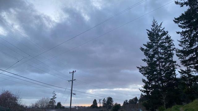 A photo of gray and stormy sky with other hues popping in from behind the clouds. A telephone pole and wire stand in the foreground with the tops of trees and the roofs of houses in the midground. 