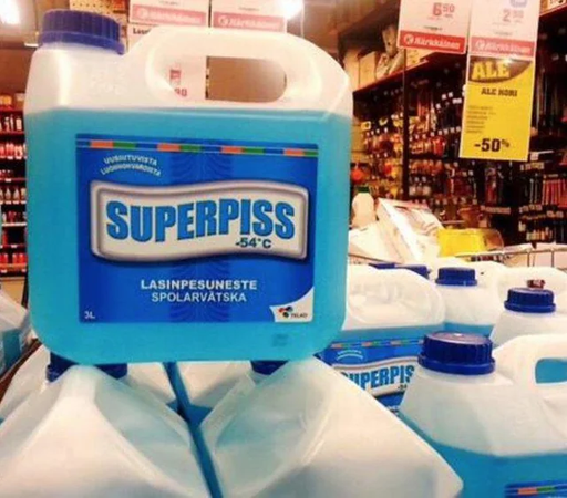 A white plastic container containing a blue liquid. The label on the container says "SUPERPISS"
