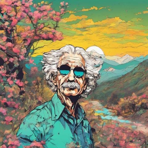 Model: InkPunk XL
albert einstein, enjoying spring, wearing sunglasses, looking up to a sunset (mountains and trees background)