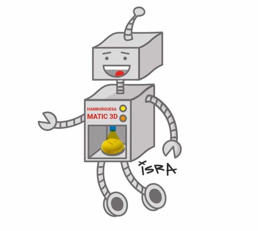 Un la ilustración de un robot sonriente, esta etiquetado como "HAMBURGUESA MATIC 3D", y tiene en su interior una hamburguesa amarilla. El robot tiene un cuerpo cuadrado, brazos y piernas de metal, y está dibujado en un estilo lúdico.
