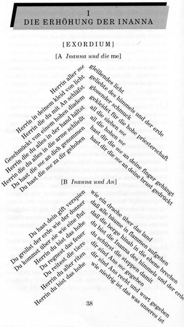Das Bild zeigt die Seite 38 aus Raoul Schrott: Die Erfindung der Poesie. Gedichte aus den ersten viertausend Jahren. 

[EXORDIUM] 
[A Inanna und die me] 
pfeilförmig angeordneter Text 
[B Inanna und die An] 
pfeilförmig angeordneter Text 