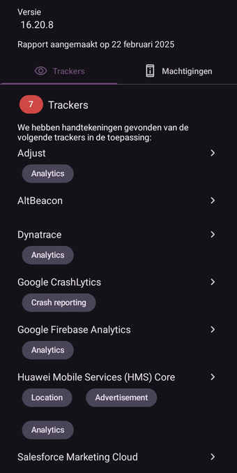 Overzicht van de 7 trackers in de LidlPlusApp v16.20.8 waaronder AltBeacon om ongemerkt gebruik te maken van een Bluetooth verbinding en Chinese Huawei spyware.