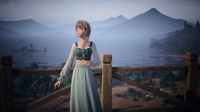 Ein Bild aus dem Spiel Infinity Nikki.
Im Hintergrund sind Berge und Bäume zu sehen. Es ist auch etwas neblig.
Nikki steht mit dem Rücken an einem Zaun und schaut leicht verträumt nach oben.
Sie hat einen bläulich Rock an mit einem Bauchfreien, aber langärmligen Top.
Sie hat ein Haarband in den Haaren. Die Haare sind blond und geflochten.