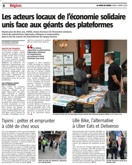 Article paru dans la Voix du Nord - Région en mars 2025, sur les plateformes de l'économie solidaire dans les Hauts-de-France