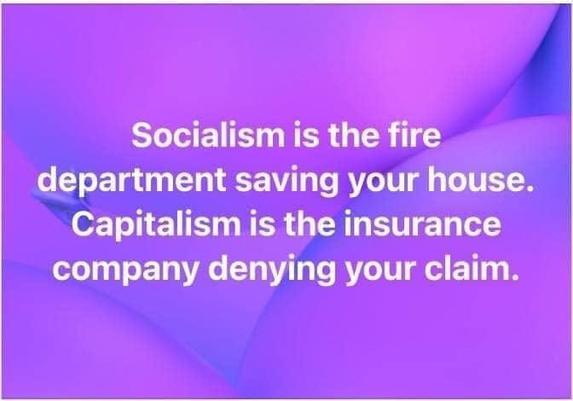 Socialism in the Fire Department saving your house.
Capitalism is the insurance company denying your claim.
