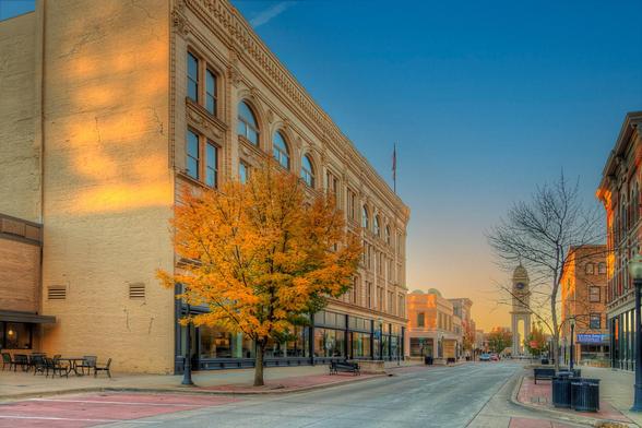 A tree with vibrant autumn foliage stands on a quiet city street, providing a striking contrast to the historic building behind it.
