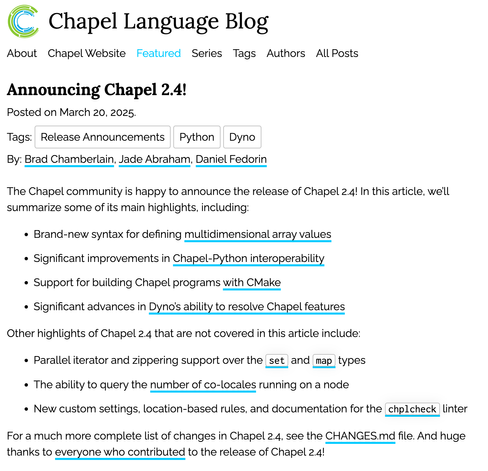 Screenshot of the linked blog post Announcing Chapel 2.4!