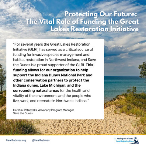 A view of Lake Michigan from the Indiana Dunes. Overlay text reads: Protecting Our Future: The Vital Role of Funding the Great Lakes Restoration Initiative. “For several years the Great Lakes Restoration Initiative (GLRI) has served as a critical source of funding for invasive species management and habitat restoration in Northwest Indiana, and Save the Dunes is a proud supporter of the GLRI. This funding allows for our organization to help support the Indiana Dunes National Park and other conservation partners to protect the Indiana dunes, Lake Michigan, and the surrounding natural areas for the health and vitality of the environment, and the people who live, work, and recreate in Northwest Indiana.” Harshini Ratnayaka, Advocacy Program Manager, Save the Dunes