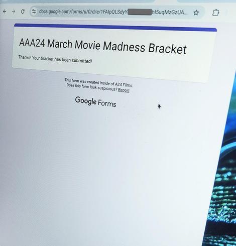 Photo of a Google Forms submission confirmation screen for the A24 March Madness bracket.