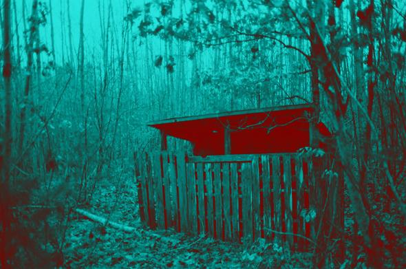 A creepy two-tone shack in the woods. Pliers, duct tape and gasoline may or may not be hidden inside.