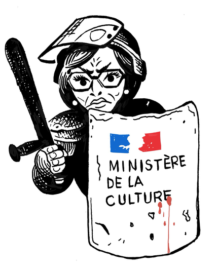 Dessin de Dati déguisée en crs avec son bouclier plein de sang et son tonfa