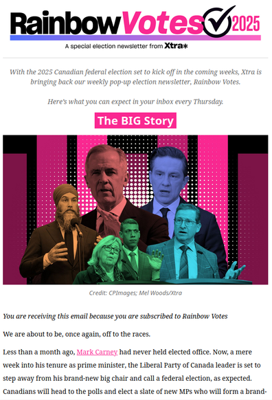 With Trans Rights Under Attack, Advocates Prep for the Election
https://thetyee.ca/News/2025/03/21/Trans-Rights-Under-Attack-Advocates-Prep-Election

We’re giving folks a way to speak up, to take action, to chat with their neighbors.

Comment: the Rainbow Votes 2025 newsletter (email subscription) looks great!! 🏳️‍🌈 🏳️‍⚧️ 👍️

https://mailchi.mp/3a1a6baff263/3tk2xf9vii
https://mailchi.mp/c5a06bb3f0d6/rainbow-votes-is-back?e=add123aa1d

CAVE: collaborate, advocate, vote, educate!

#TransLivesMatter
#Canada #CanPol #democracy #vote #solidarity
#Trump #fascism #Trumpism #Poilievre #protofascism #antiLGBT #transgenocide