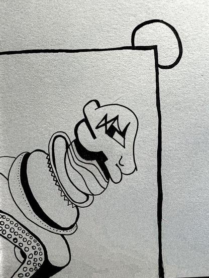 Ink drawing of an abstract creature that somewhat resembles a goat. It is framed by a rectangle with a small circle in the top right corner.