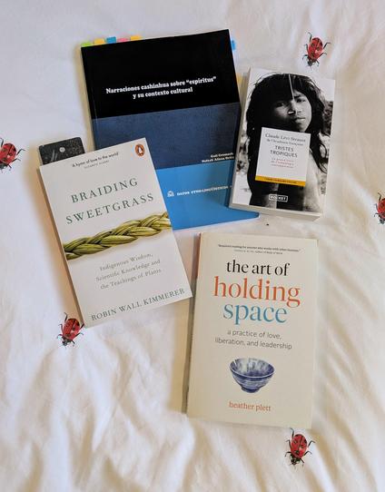 4 books photographed on a ladybug patterned duvet cover.