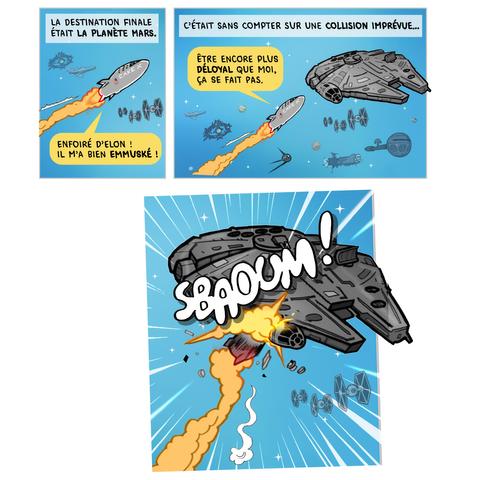 Le vaisseau dans lequel se trouve BabyTrump percute le Faucon Millénium. Le président en couche culottes se remet d'aplomb rapidement, il court dans les couloirs du célèbre vaisseau Star Wars, il trouve la cabine de pilotage et il fracasse la porte avec son pied, sans réfléchir, comme un bourrin. 