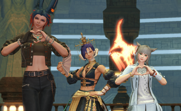 Group picture of three female warriors of light: Ani the Viera, Berin the Au Ra and Kita the Miqo'te- Ani and Kita are doing hearts with their hands, while Berin is posing with a pink fan and winking at the viewer.