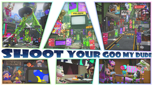 An image with six sections within a white border that has colored edges. From top left to bottom right: Inkopolis Plaza, Inkopolis Square, Splatsville, Deep Cut’s studio, Off The Hook’s studio, and then the Squid Sisters’ studio. Between the cities and the studios, there is text reading “SHOOT YOUR GOO MY DUDE” in a large, bold, blue font.