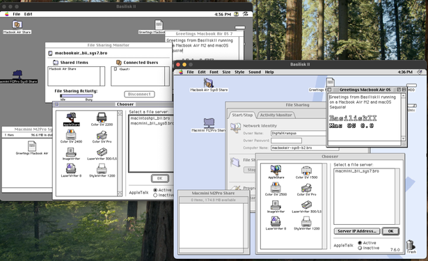 A screenshot of two instances of BasiliskII running Mac OS 7.5.3 in the top-left and Mac OS 8.0 in the bottom-right. Each have their respective Control Panel windows open and desktop icons indicating active AppleTalk file sharing sessions.

These are emulated OSes running on my MacBook Air M2.