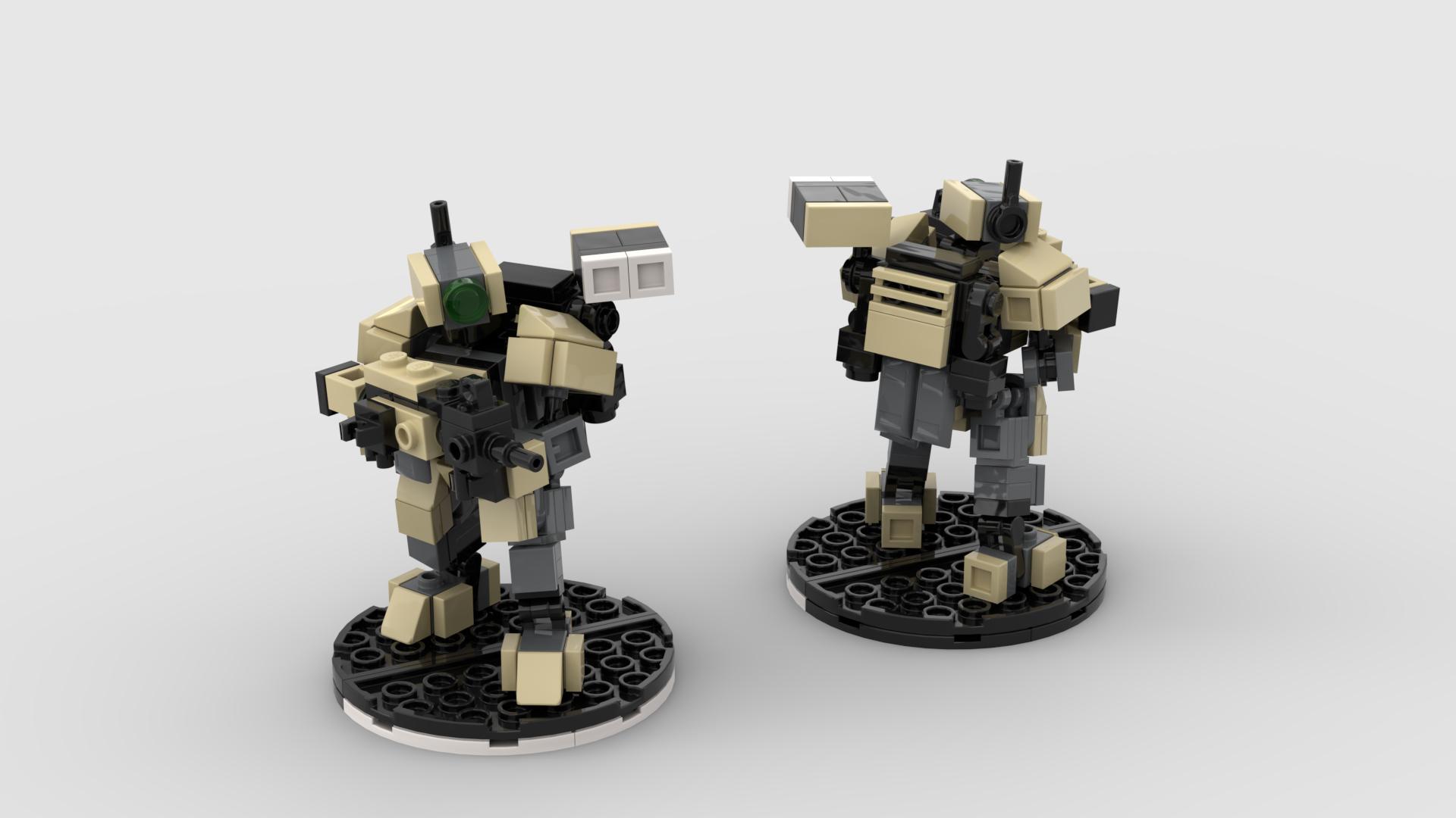 Front and back renders of a LEGO mecha with blocky dark grey and tan armor. It carries a battle rifle in both hands, and has a missile pod over its left shoulder, attached to its backpack. It stands on an 8x8 round base with white macaroni tiles to denote its front arc. Front and back renders of a LEGO mecha with blocky dark grey and tan armor. It carries a battle rifle in both hands, and has a missile pod over its left shoulder, attached to its backpack. It stands on an 8x8 round base with white macaroni tiles to denote its front arc.