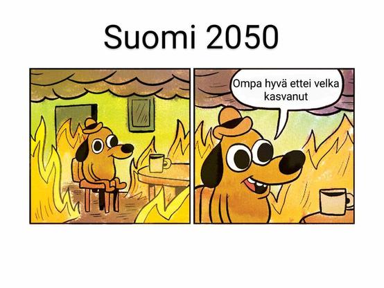 This-is-fine -meemi Suomesta 2050: "ompa hyvä ettei velka kasvanut".