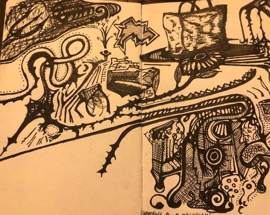 An open sketchbook with a collection of disparate drawings in black ink. There is a crinkled bag, a blooming flower, a menacing trident wrapped in black lines, a strange collection of shapes in the vague essence of a face - a nose, eyes, and a mustache. Strange lines and shapes dot the entire landscape of both pages, except for the bottom third of the page on the left. 