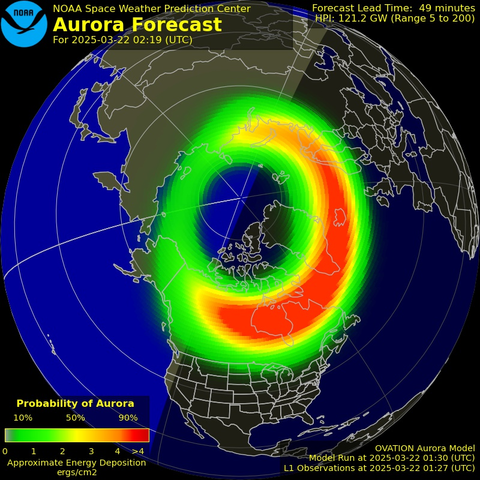 Screenshot of the aurora probability forecast, showing high probability over Eastern and central Canada