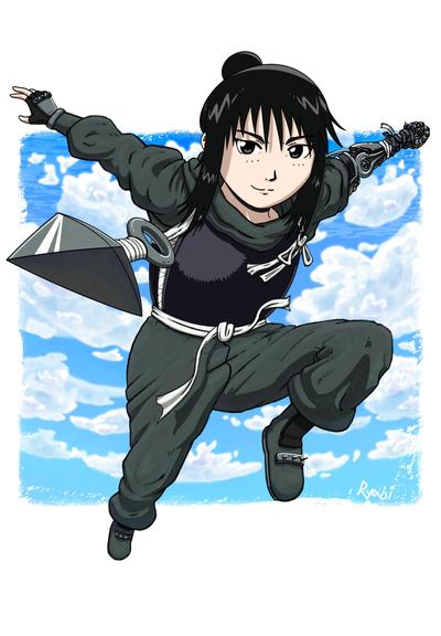 The ninja girl Lan Fan shown clad in loose grey clothes with black metal armor with a ninja prosthetic arm throwing a kunai toward the viewer while leaping. Behind her is a bright blue sky with fluffy white clouds. 