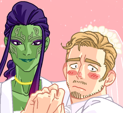 croped image of doodle. Gamora and Peter Quill's face. they are from the movie "Gurdians of the Galaxy".