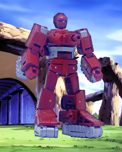 A recreation of the scene from The Transformers, Season 2, Episode 24: 'A Decepticon Raider in King Arthur's Court,' where G1 Warpath (Newage Toys Oddball) emerges from a cave into the world of 543 A.D. Britain