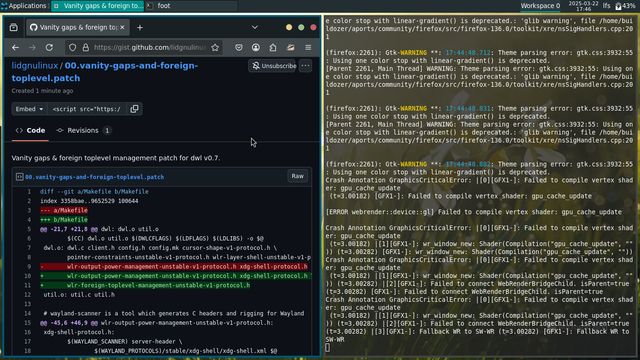 XFCE 4.20 + dwl wayland + vanity gaps + foreign toplevel management.