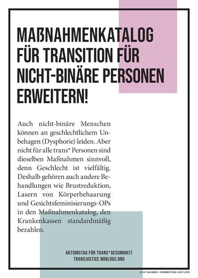 Ein Plakat: "Maßnahmenkatalog für Transition für nicht-binäre Personen erweitern!" Darunter in kleinerer Schrift: "Auch nicht-binäre Menschen können an geschlechtlichem Unbehagen (Dysphorie) leiden. Aber nicht für alle trans* Personen sind dieselben Maßnahmen sinnvoll, denn Geschlecht ist vielfältig. Deshalb gehören auch andere Behandlungen wie Brustreduktion, Lasern von Körperbehaarung und Gesichtsfeminisierungs-OPs in den Maßnahmenkatalog, den Krankenkassen standardmäßig bezahlen."