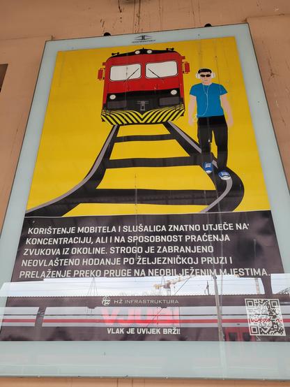 Drawing of a person with hearphones walking on/along a rail in front of a train.