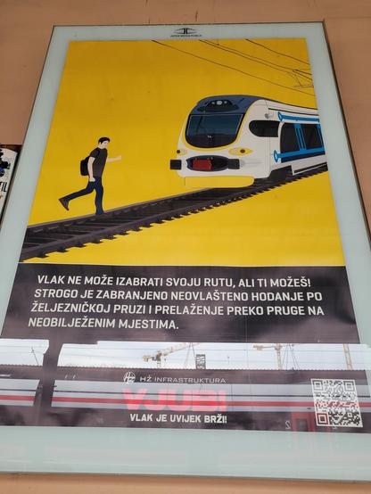 Boring drawing of a person with a backpack crossing tracks just in front of a train.