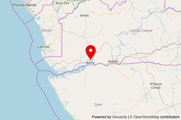 A map showing the area of Boma with a pin at the position of ENA RDC Ouest communauté Siloe, RN1, Boma, Democratic Republic of the Congo
