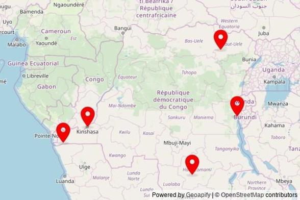 A map showing every place of worship we have visited so far in the Democratic Republic of the Congo including:
ENA RDC Ouest communauté Siloe in Boma
Centre de Reveil la Révélation in Kamina
Paroisse Catholique de Kavimvira in Kanvinvira
Mamá na bísó ya Anzelu wa Mokonzi asangelí ya Tely in Isiro
Mystère Caché de l'Eternel et Révélé in Kingabwa