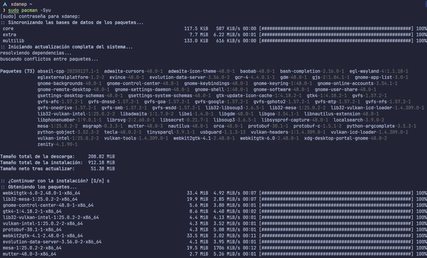 Terminal con actualización del sistema en progreso.