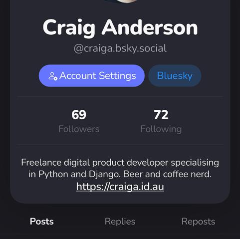 A screenshot of my BlueSky profile with 69 followers. 