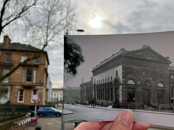 Om Hindu Mandir, a 19th century neoclassical building now a Hindu temple with an old photo of the way it was