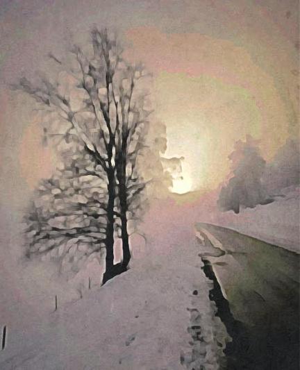 Una fotografía editada con una app cualquiera que simula una pintura
 de estilo impresionista. Muestra un paisaje invernal. Dos árboles desnudos y oscuros se yerguen cerca del borde izquierdo de la escena, junto a una carretera que se extiende hacia un horizonte brumoso y un sol pálido. La nieve cubre el suelo, y una tenue luz dorada emana del sol, creando un ambiente tranquilo y misterioso. El resultado es una paleta de colores suaves y apagados, predominando los tonos rosados, grises y blancos.