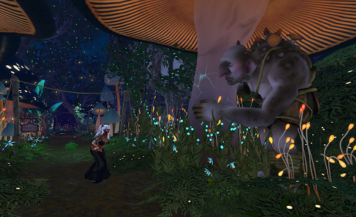 A troll crouches beneath a giant, tree sized mushroom with glowing orange gills. The troll is attempting to hide behind the mushroom's stem. There are smaller mushrooms sprouting from the troll's back. Glowing, wispy fronds of smaller fungus dot the understory of the fungal forest where ferns and grass can be seen in abundance. On a path to the left, a woman in a long black skirt and bikini top with long white hair tied into pigtails cautiously approaches the troll.